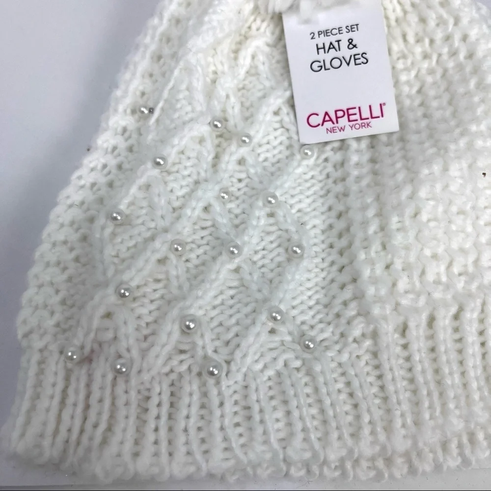 Capelli New York Hat & Gloves 2 piece set white pearl beading
